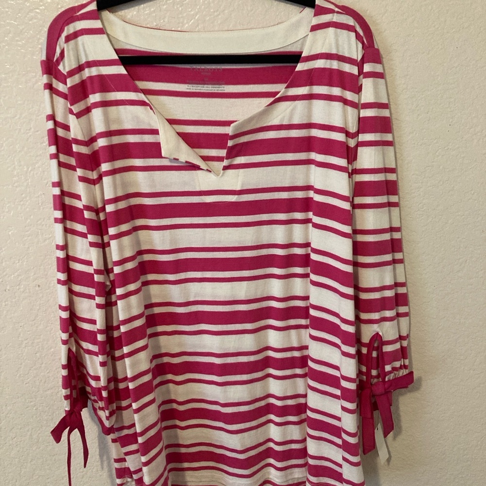 Talbots Pink and White 3/4 Sleeve Ruched Blouse